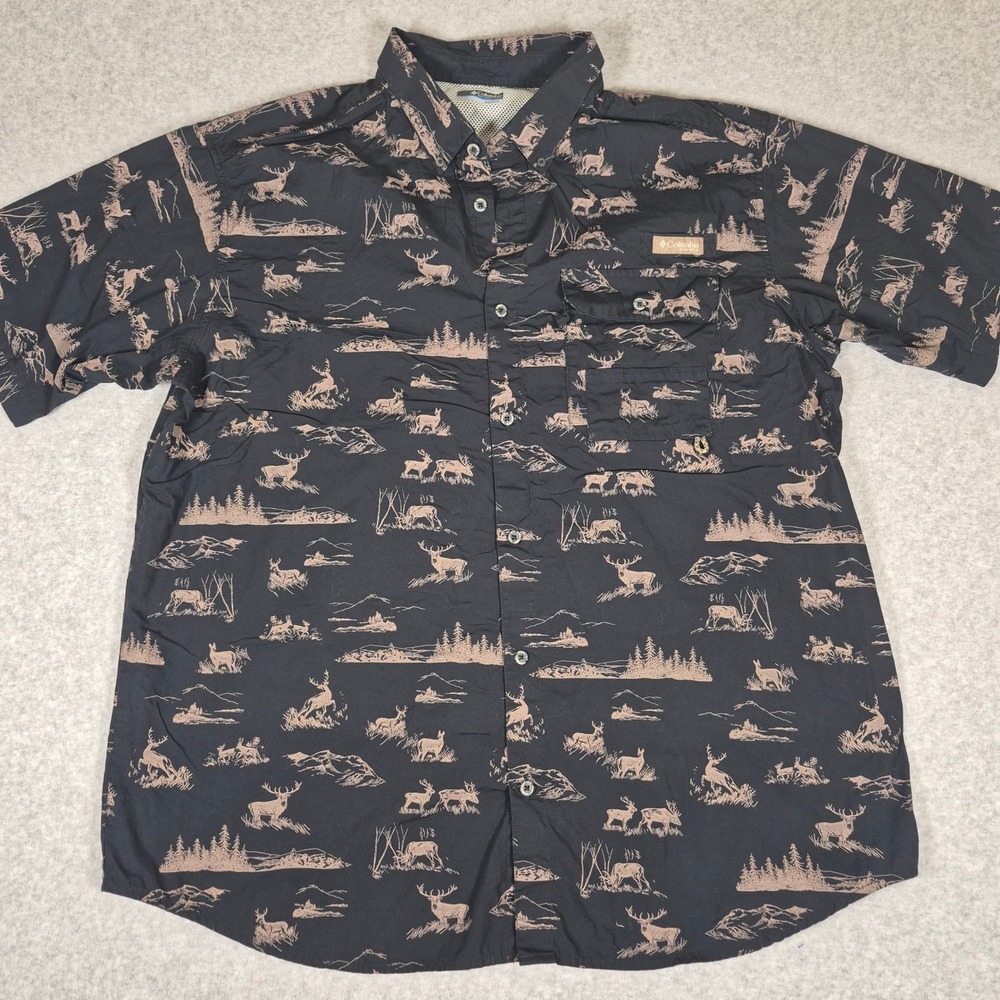 Columbia PHG Button Down Shirt Mens XXL Black Deer Print Short Sleeve